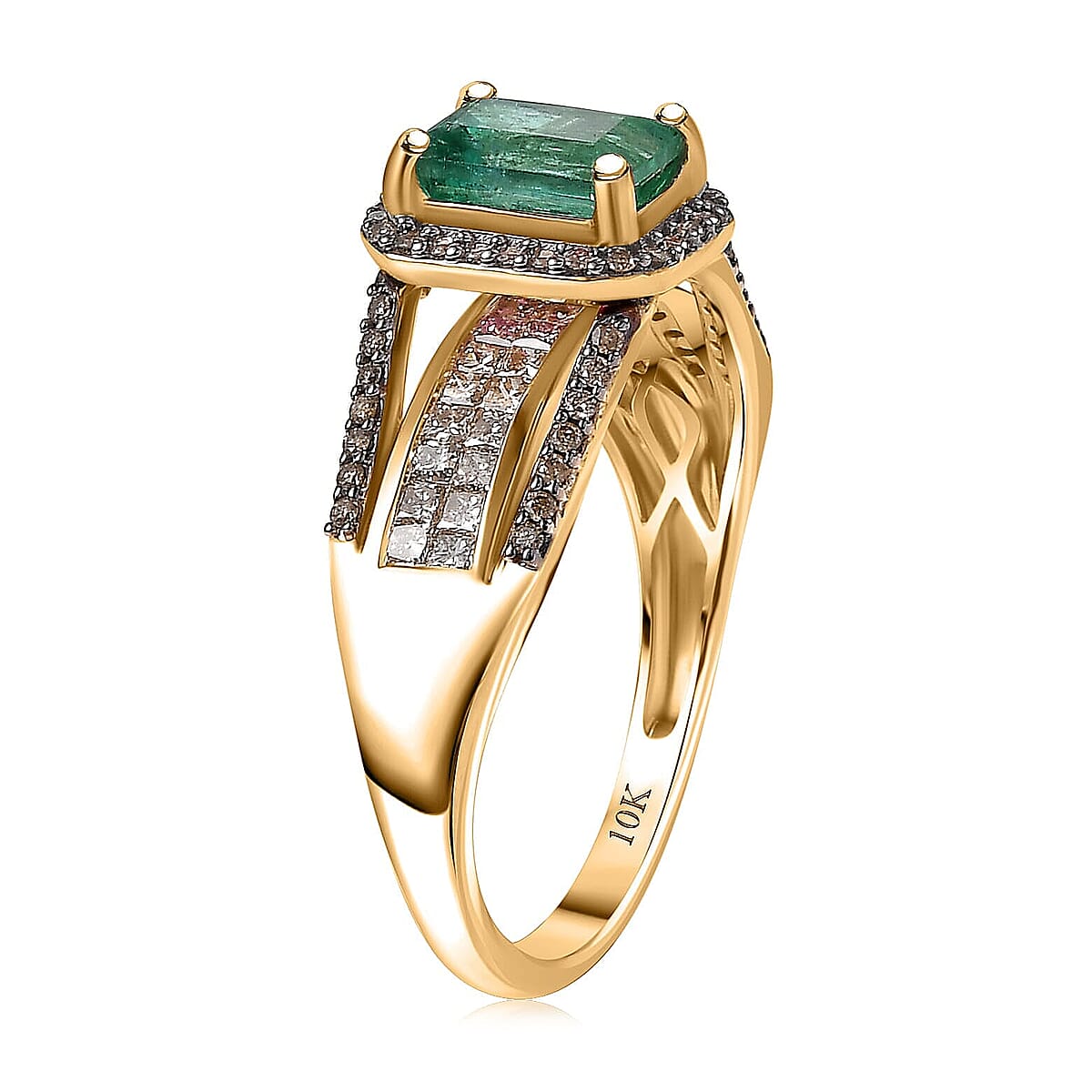 Luxoro AAA Kagem Zambian Emerald, Natural Champagne Diamond Bridge Ring in 10K Yellow Gold 1.75 ctw (Size 6.0) image number 3