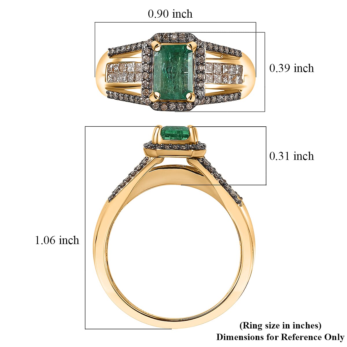 Doorbuster Luxoro AAA Kagem Zambian Emerald and Natural Champagne Diamond I2 1.75 ctw Bridge Ring in 10K Yellow Gold (Size 7.0) image number 5
