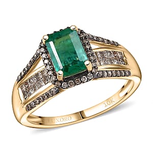 Doorbuster Luxoro AAA Kagem Zambian Emerald and Natural Champagne Diamond I2 1.75 ctw Bridge Ring in 10K Yellow Gold (Size 9.0)