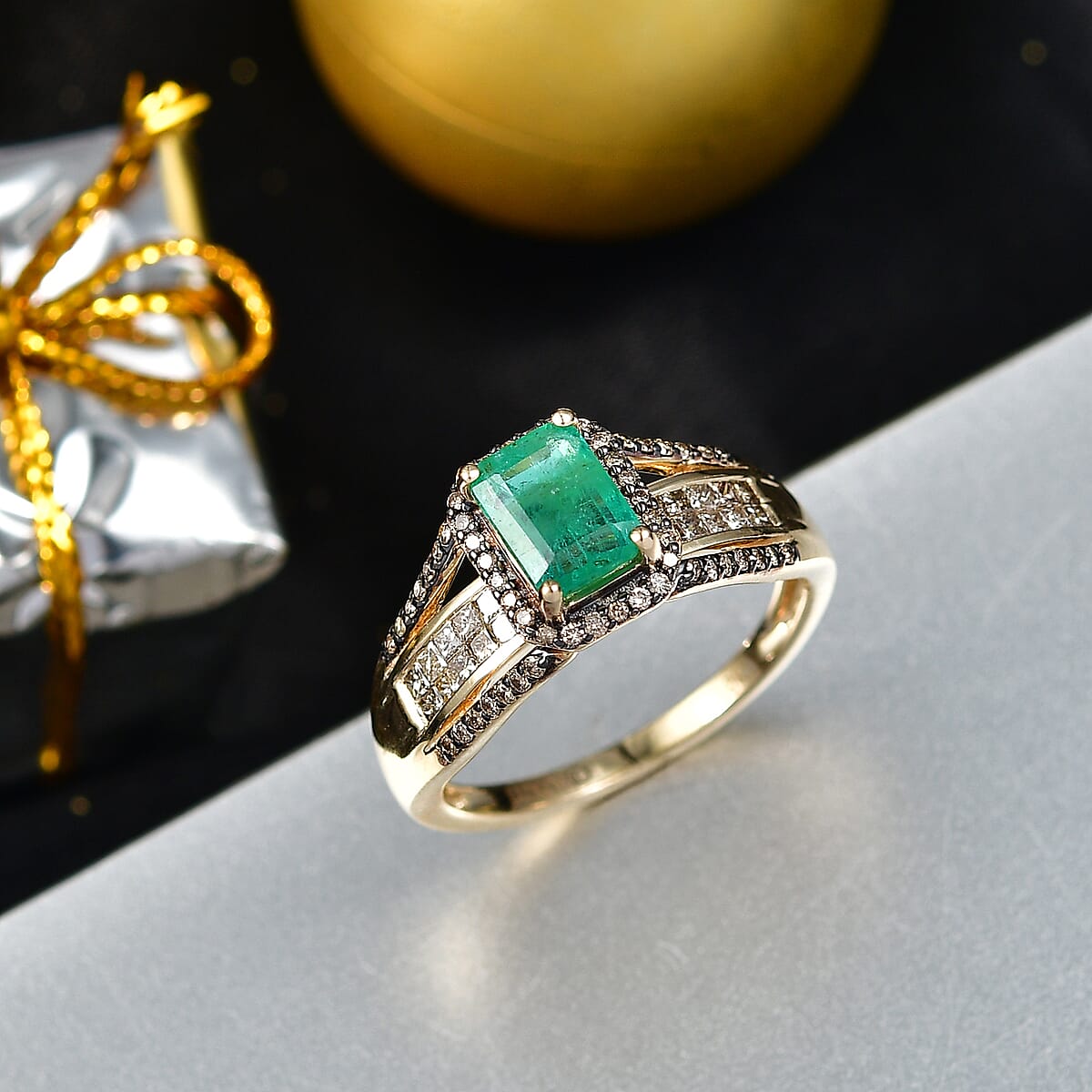 Doorbuster Luxoro AAA Kagem Zambian Emerald and Natural Champagne Diamond I2 1.75 ctw Bridge Ring in 10K Yellow Gold (Size 9.0) image number 1