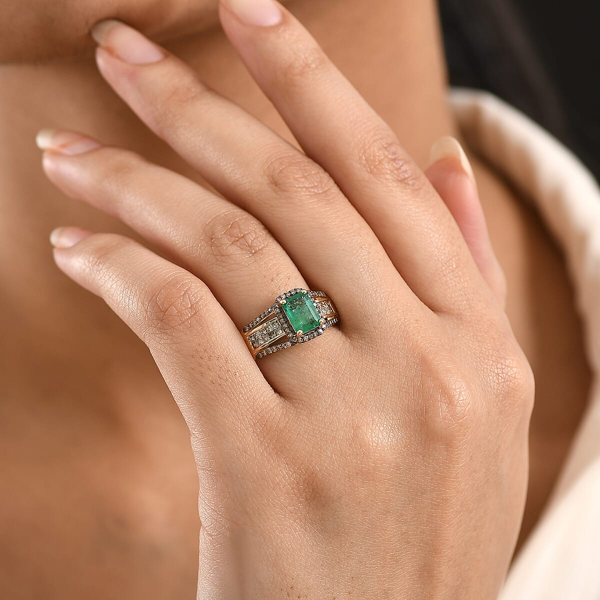 Doorbuster Luxoro AAA Kagem Zambian Emerald and Natural Champagne Diamond I2 1.75 ctw Bridge Ring in 10K Yellow Gold (Size 9.0) image number 2