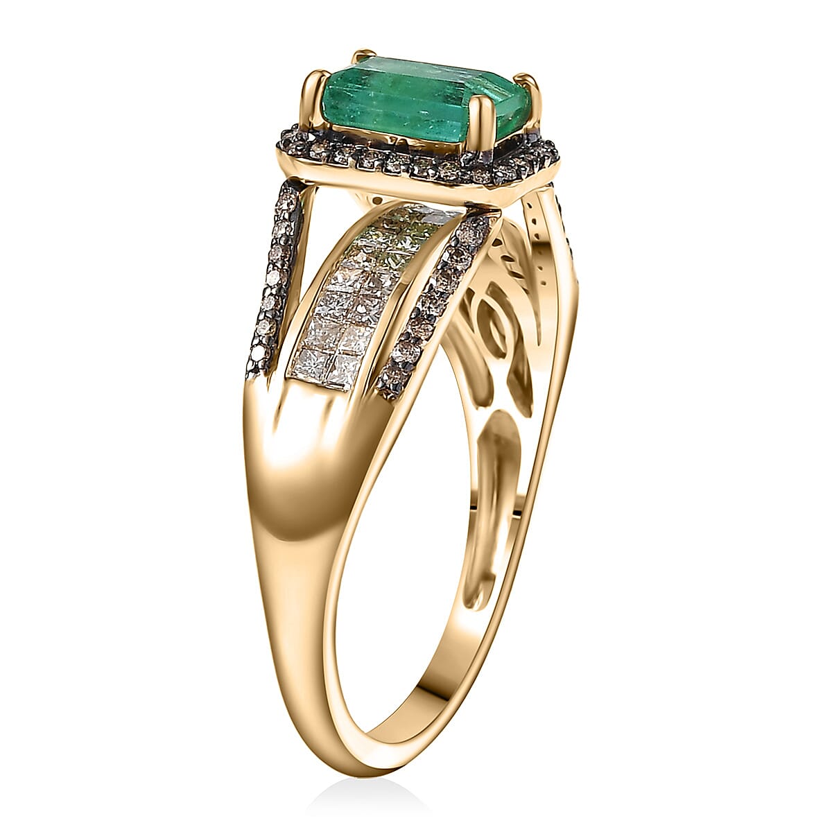 Doorbuster Luxoro AAA Kagem Zambian Emerald and Natural Champagne Diamond I2 1.75 ctw Bridge Ring in 10K Yellow Gold (Size 9.0) image number 3