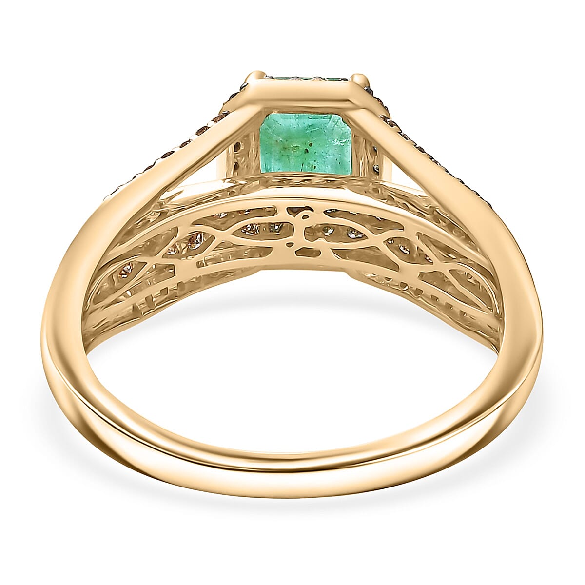 Doorbuster Luxoro AAA Kagem Zambian Emerald and Natural Champagne Diamond I2 1.75 ctw Bridge Ring in 10K Yellow Gold (Size 9.0) image number 4