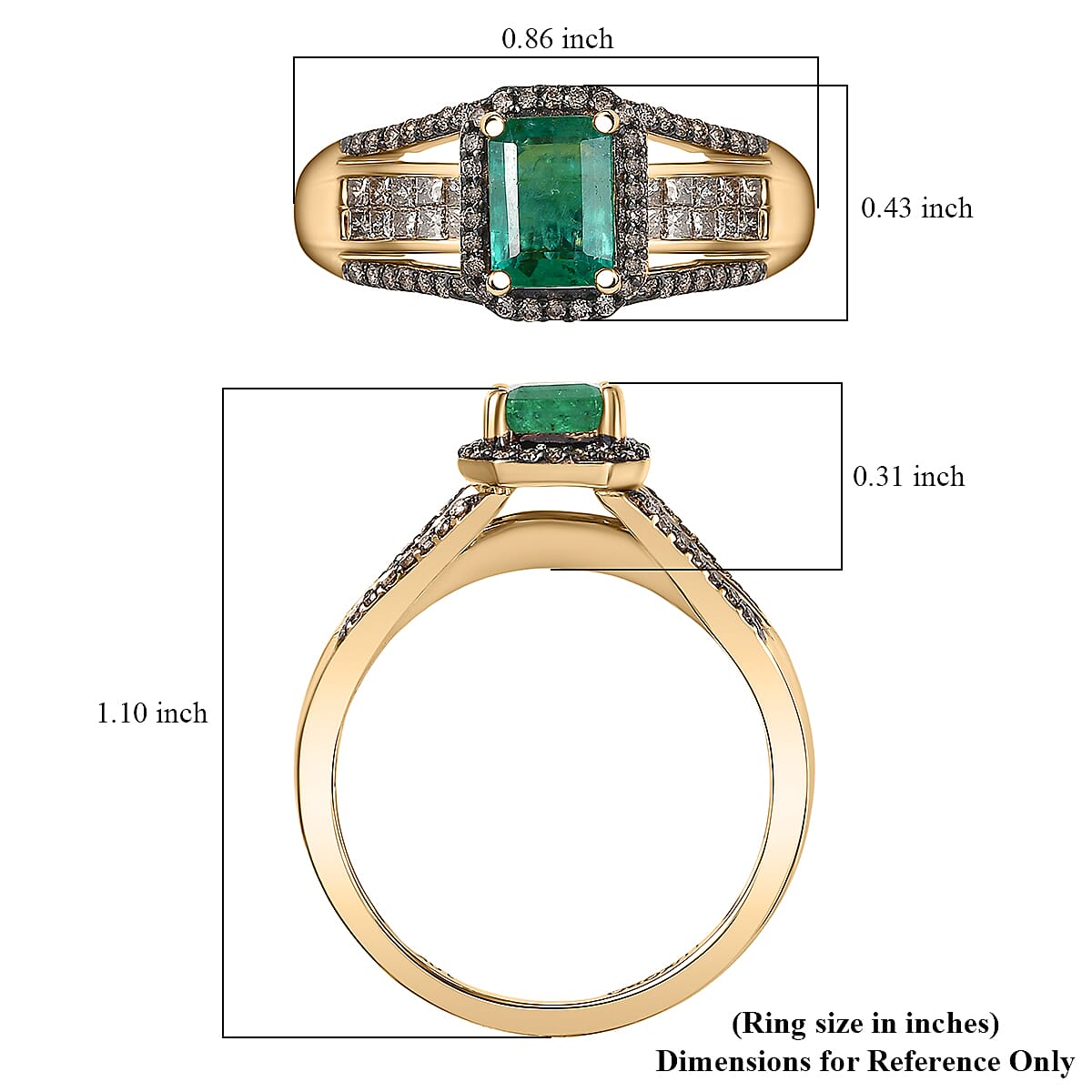 Doorbuster Luxoro AAA Kagem Zambian Emerald and Natural Champagne Diamond I2 1.75 ctw Bridge Ring in 10K Yellow Gold (Size 9.0) image number 5