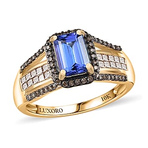 Doorbuster Luxoro AAA Tanzanite and Natural Champagne Diamond I2 1.80 ctw Bridge Ring in 10K Yellow Gold  (Size 7.0)