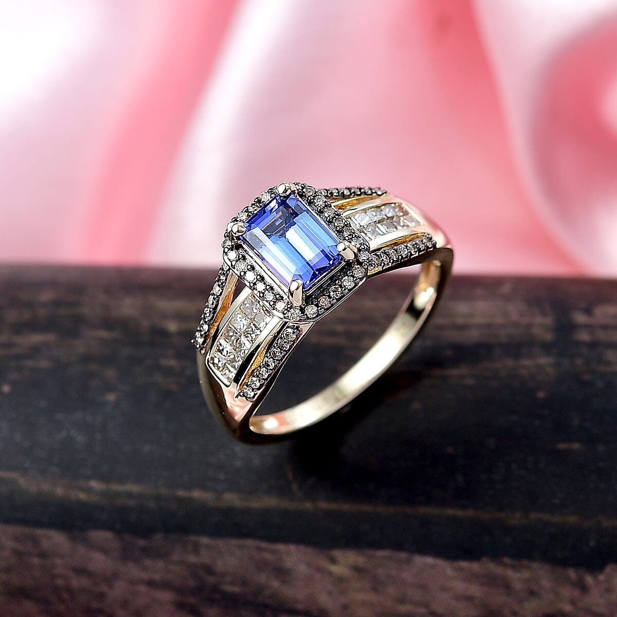 Doorbuster Luxoro AAA Tanzanite and Natural Champagne Diamond I2 1.80 ctw Bridge Ring in 10K Yellow Gold  (Size 7.0) image number 1