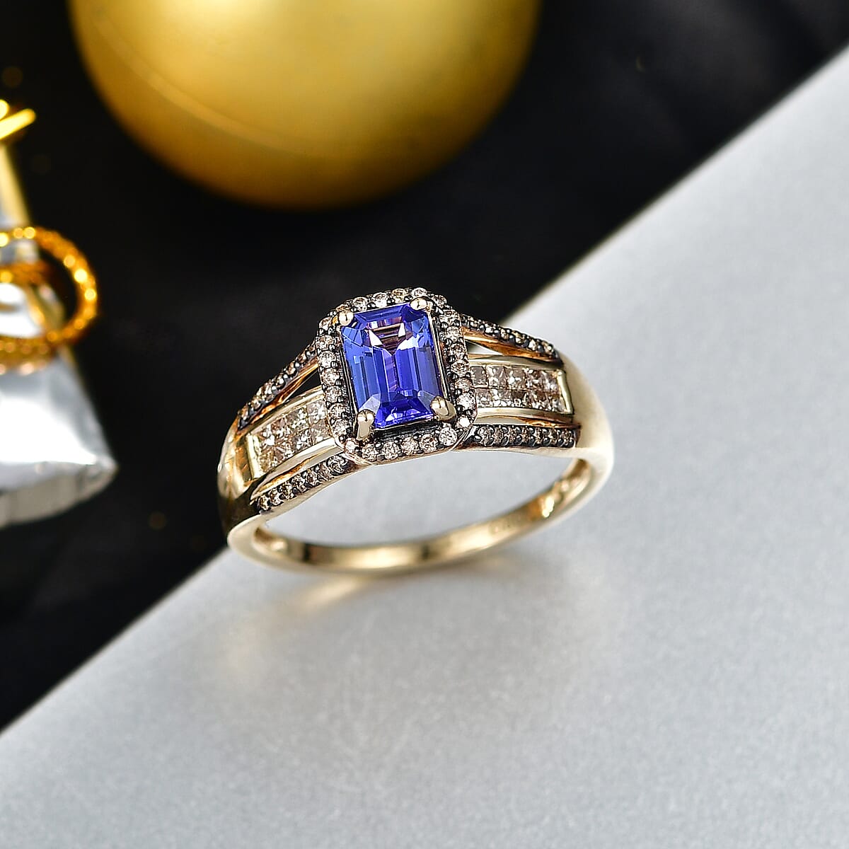Doorbuster Luxoro AAA Tanzanite and Natural Champagne Diamond I2 1.80 ctw Bridge Ring in 10K Yellow Gold (Size 9.0) image number 1