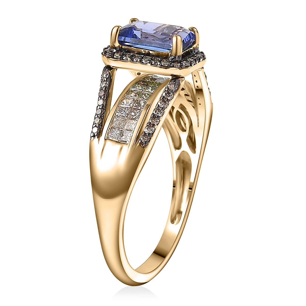 Doorbuster Luxoro AAA Tanzanite and Natural Champagne Diamond I2 1.80 ctw Bridge Ring in 10K Yellow Gold (Size 9.0) image number 3