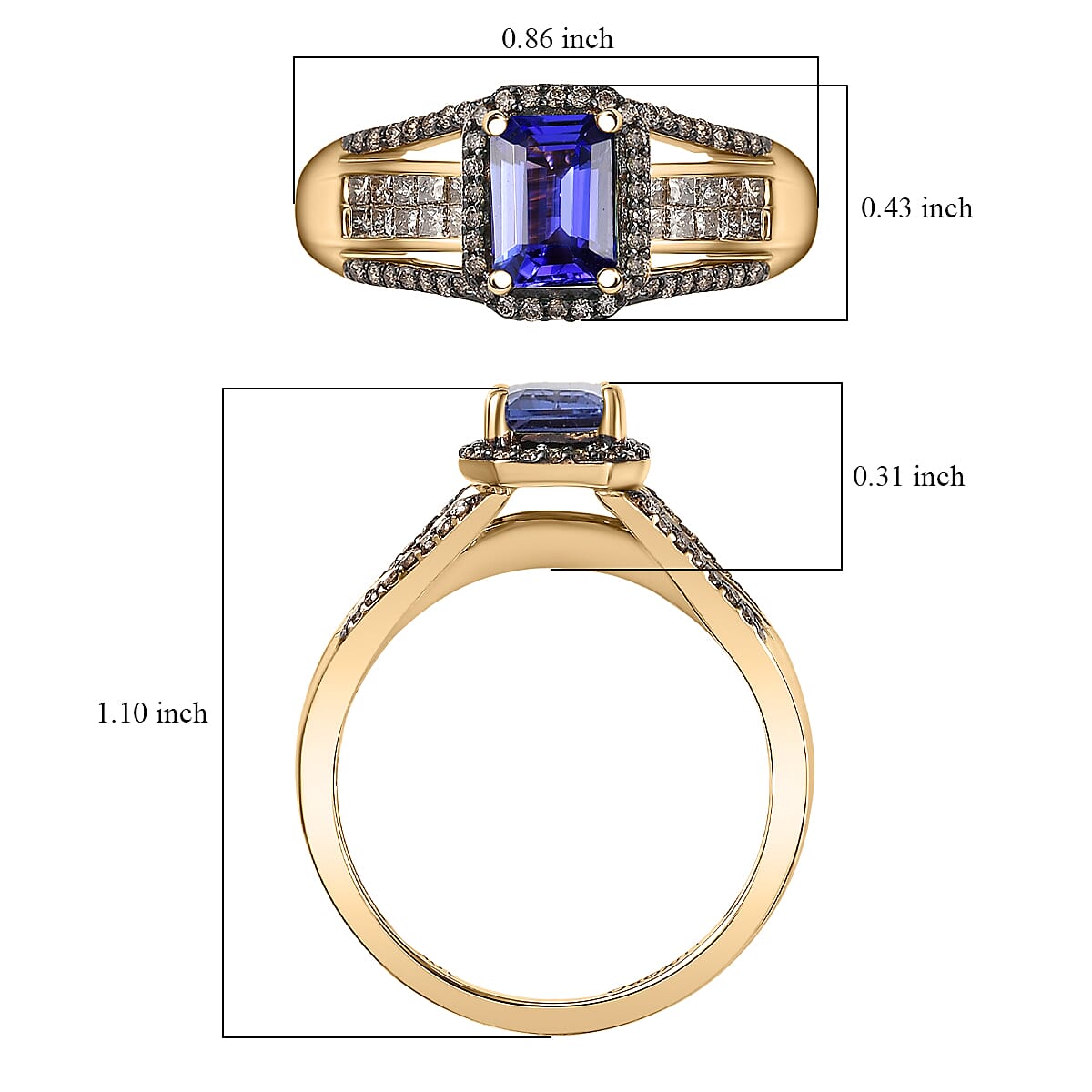 Doorbuster Luxoro AAA Tanzanite and Natural Champagne Diamond I2 1.80 ctw Bridge Ring in 10K Yellow Gold (Size 9.0) image number 5