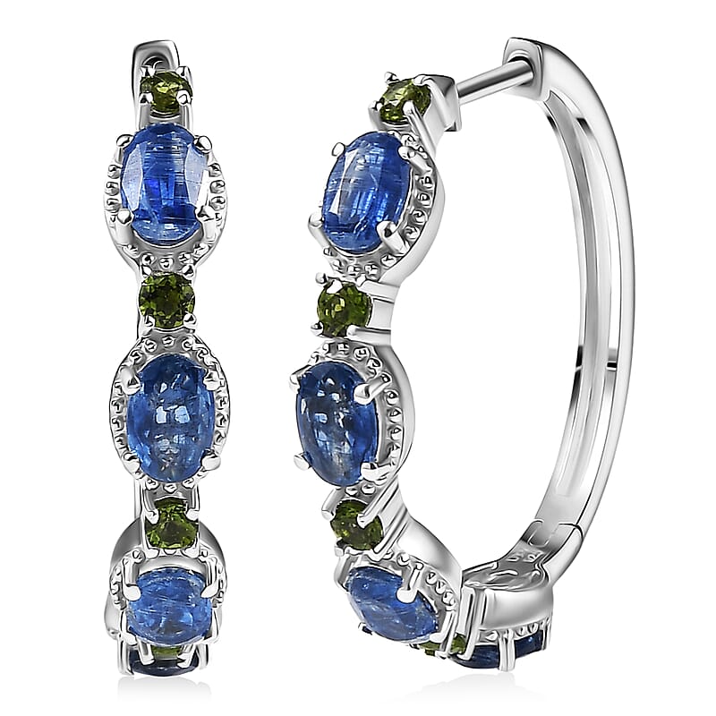 D'Joy Kashmir Kyanite, Chrome Diopside Hoop Earrings in Rhodium Over Sterling Silver 5.50 ctw