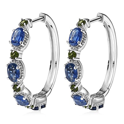 D'Joy Kashmir Kyanite, Chrome Diopside Hoop Earrings in Rhodium Over Sterling Silver 5.50 ctw