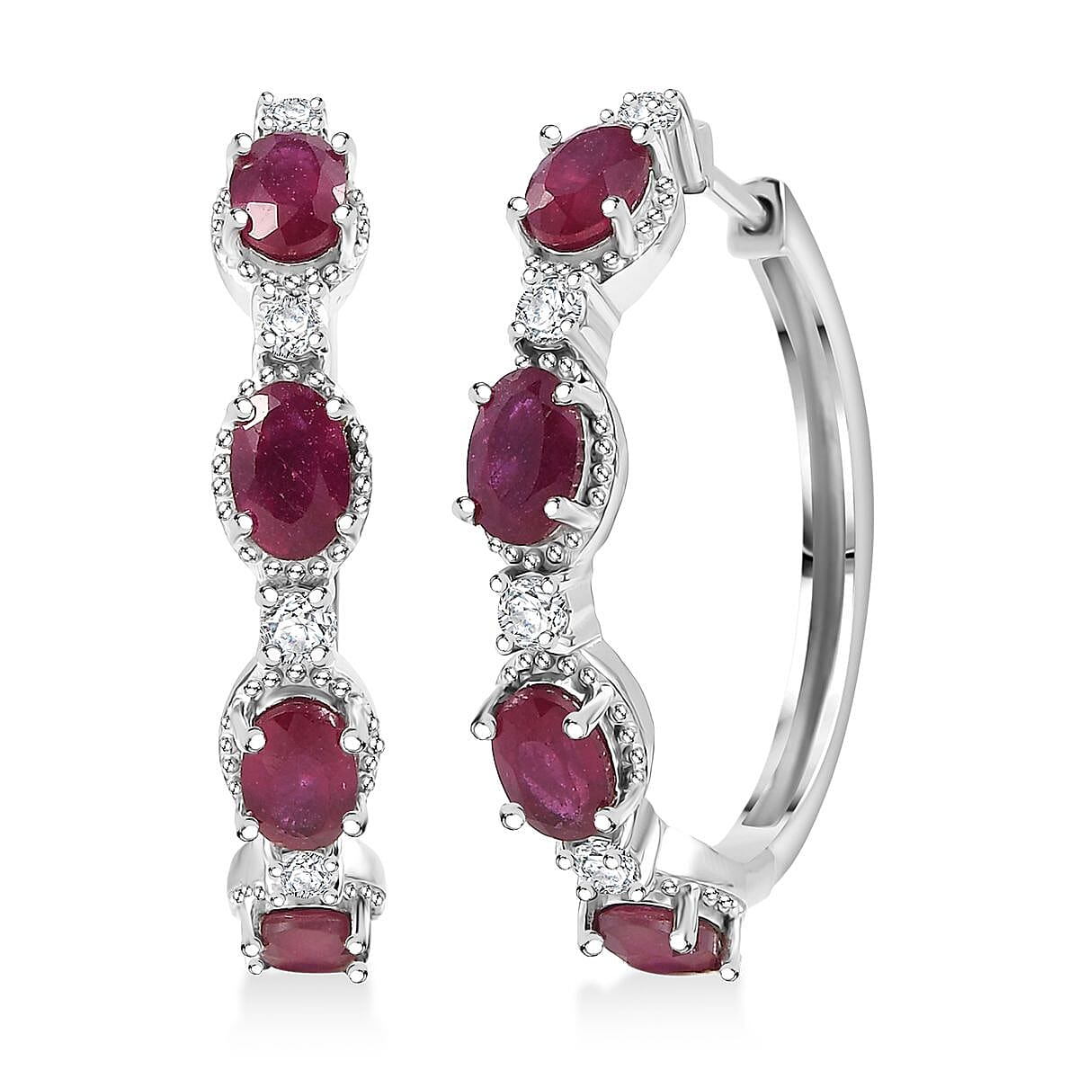 Doorbuster D'Joy Niassa Ruby (FF) and Moissanite 5.75 ctw Station Hoop Earrings in Rhodium Over Sterling Silver image number 0
