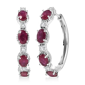 Doorbuster D'Joy Niassa Ruby (FF) and Moissanite 5.75 ctw Station Hoop Earrings in Rhodium Over Sterling Silver