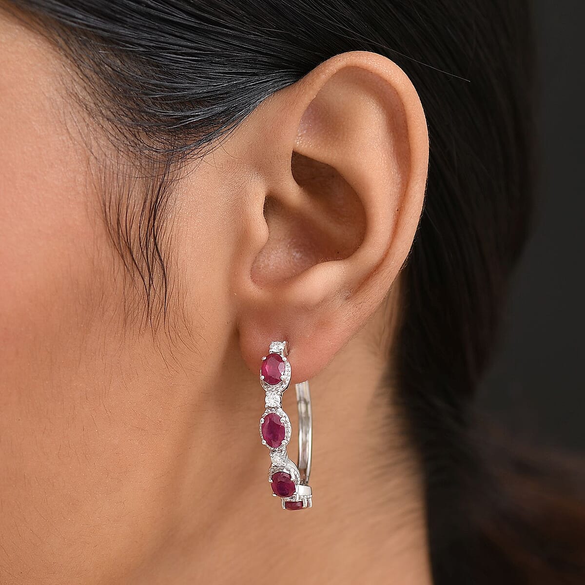 Doorbuster D'Joy Niassa Ruby (FF) and Moissanite 5.75 ctw Station Hoop Earrings in Rhodium Over Sterling Silver image number 2