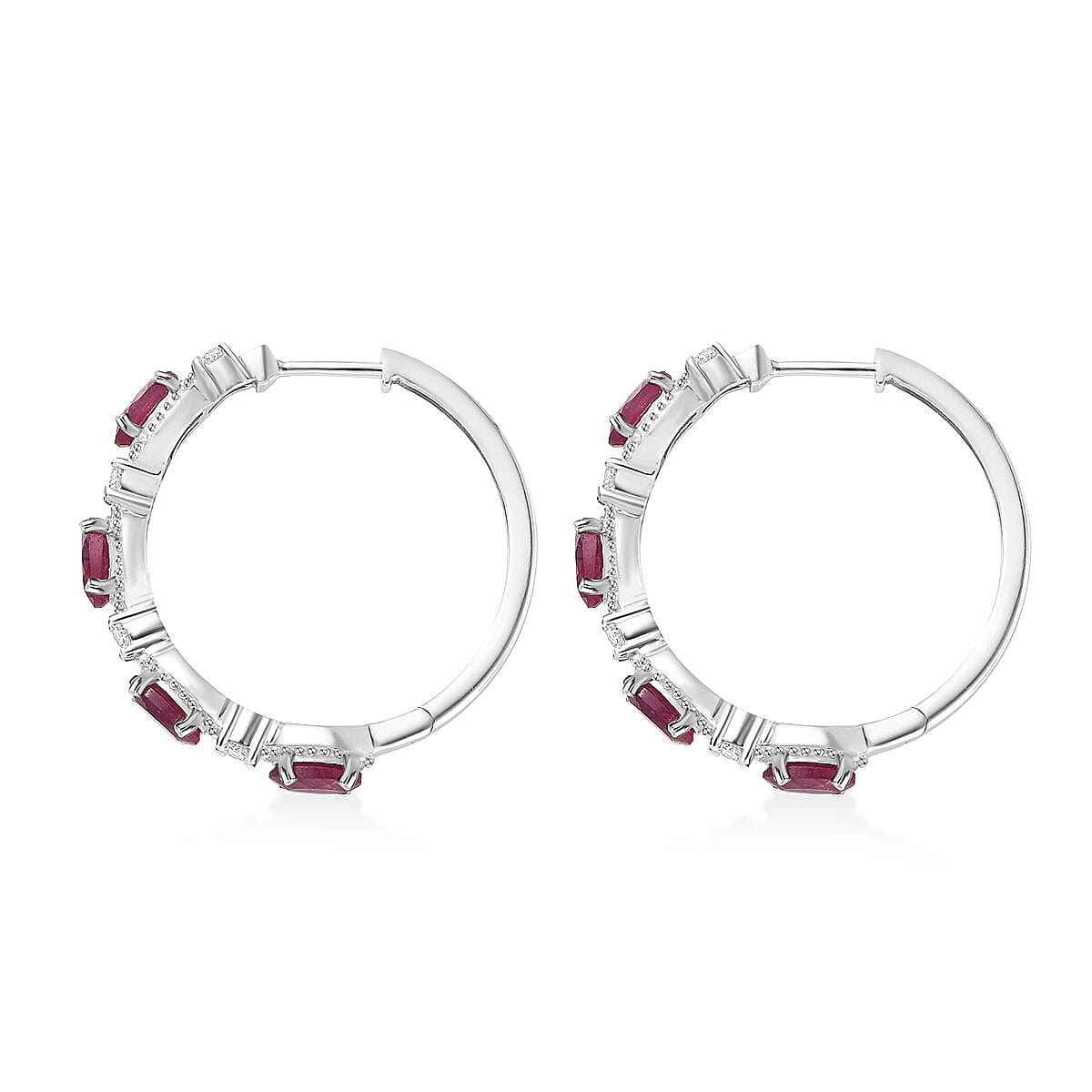 Doorbuster D'Joy Niassa Ruby (FF) and Moissanite 5.75 ctw Station Hoop Earrings in Rhodium Over Sterling Silver image number 3