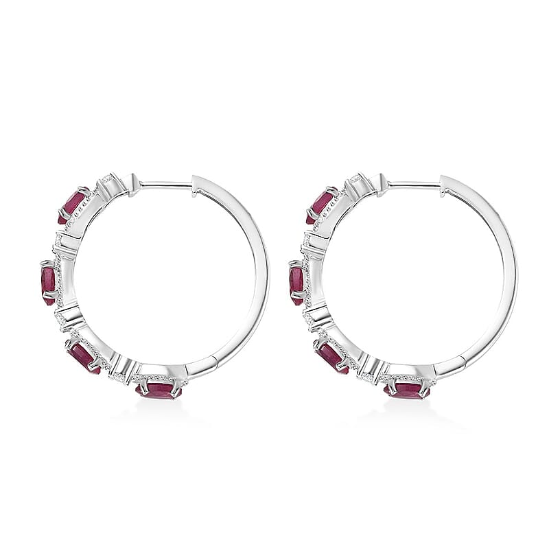  D'Joy Niassa Ruby (FF) and Moissanite 5.75 ctw Station Hoop Earrings in Rhodium Over Sterling Silver