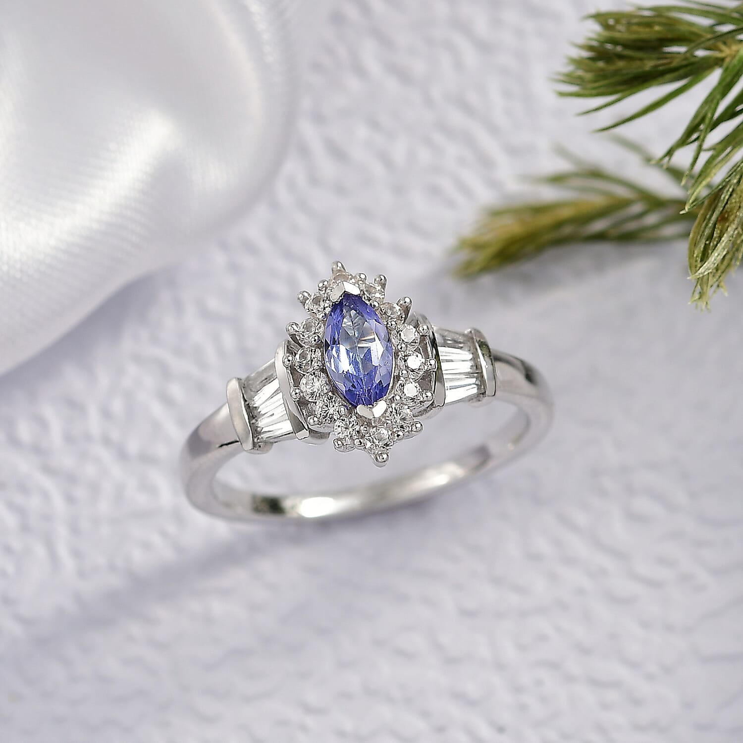 D'Joy Tanzanite and White Zircon 1.00 ctw Starlit Dream Ring in Rhodium Over Sterling Silver (Size 7.0)