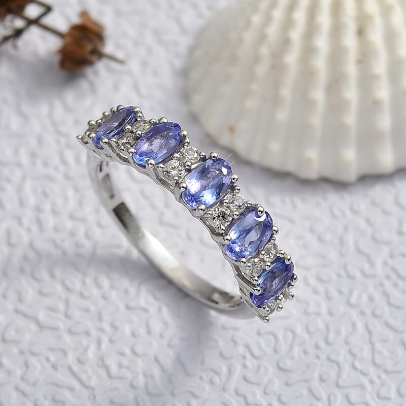 D'Joy Tanzanite and White Zircon 1.60 ctw Tri Stone Harmony Halo Ring in Rhodium Over Sterling Silver (Size 6.0)