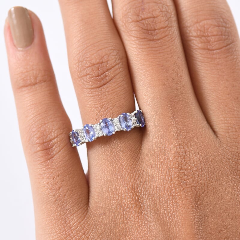 D'Joy Tanzanite and White Zircon 1.60 ctw Tri Stone Harmony Halo Ring in Rhodium Over Sterling Silver (Size 6.0)