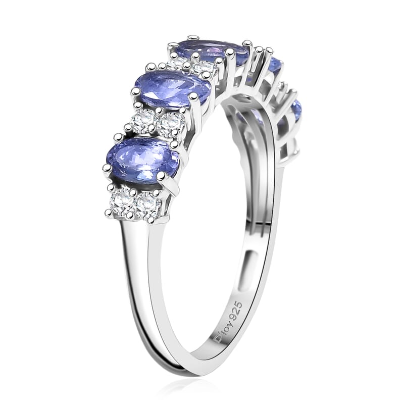 D'Joy Tanzanite and White Zircon 1.60 ctw Tri Stone Harmony Halo Ring in Rhodium Over Sterling Silver (Size 6.0)