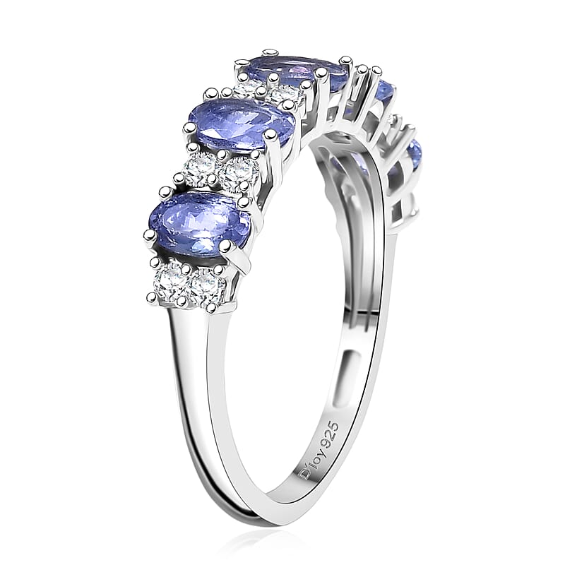 D'Joy Tanzanite and White Zircon 1.60 ctw Tri Stone Harmony Halo Ring in Rhodium Over Sterling Silver (Size 6.0)