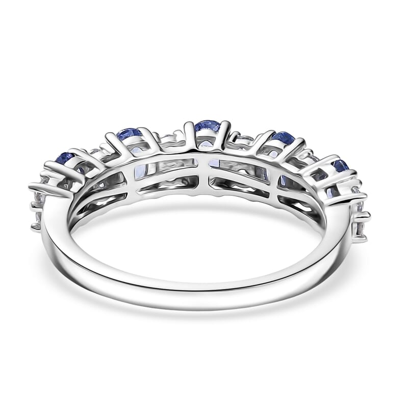 D'Joy Tanzanite and White Zircon 1.60 ctw Tri Stone Harmony Halo Ring in Rhodium Over Sterling Silver (Size 6.0)