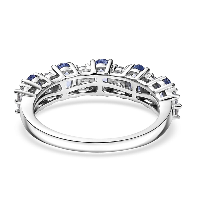 D'Joy Tanzanite and White Zircon 1.60 ctw Tri Stone Harmony Halo Ring in Rhodium Over Sterling Silver (Size 6.0)