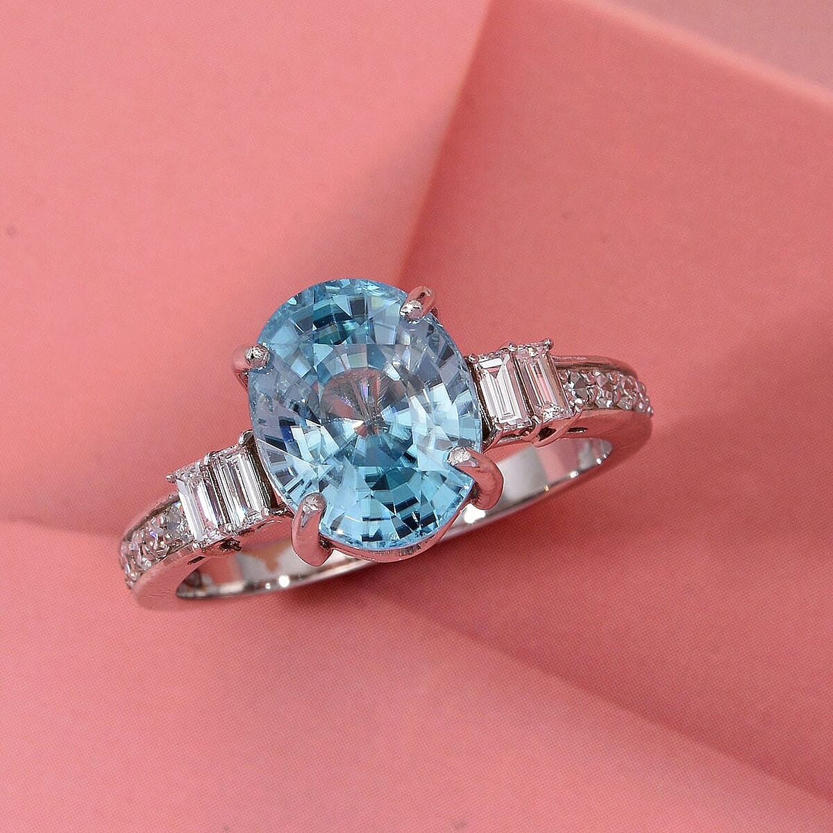 AAA Cambodian Blue Zircon and G-H SI Luxuriant Lab Grown Diamond 4.50 ctw Ring in 10K White Gold (Size 9.5) image number 1