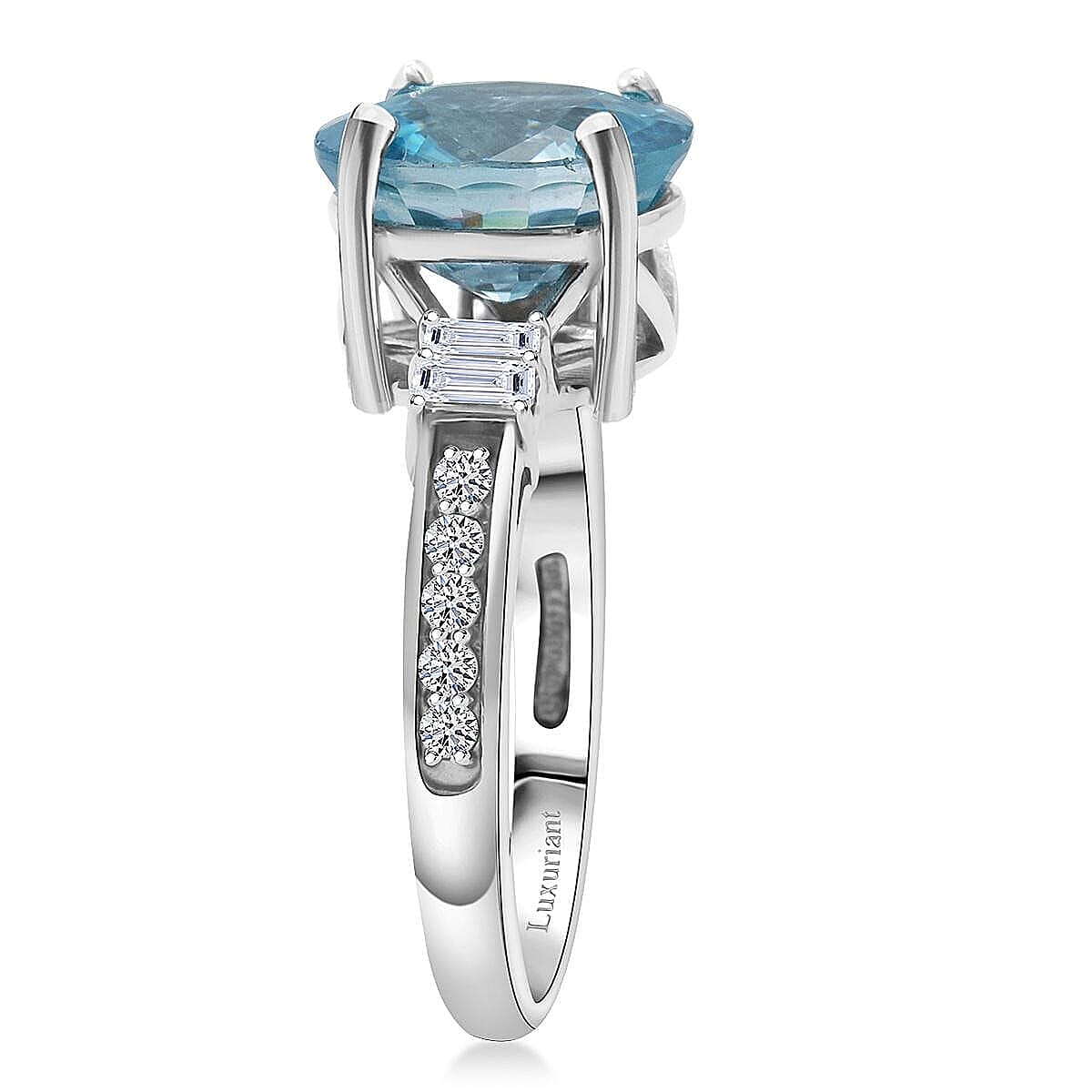 AAA Cambodian Blue Zircon and G-H SI Luxuriant Lab Grown Diamond 4.50 ctw Ring in 10K White Gold (Size 9.5) image number 3