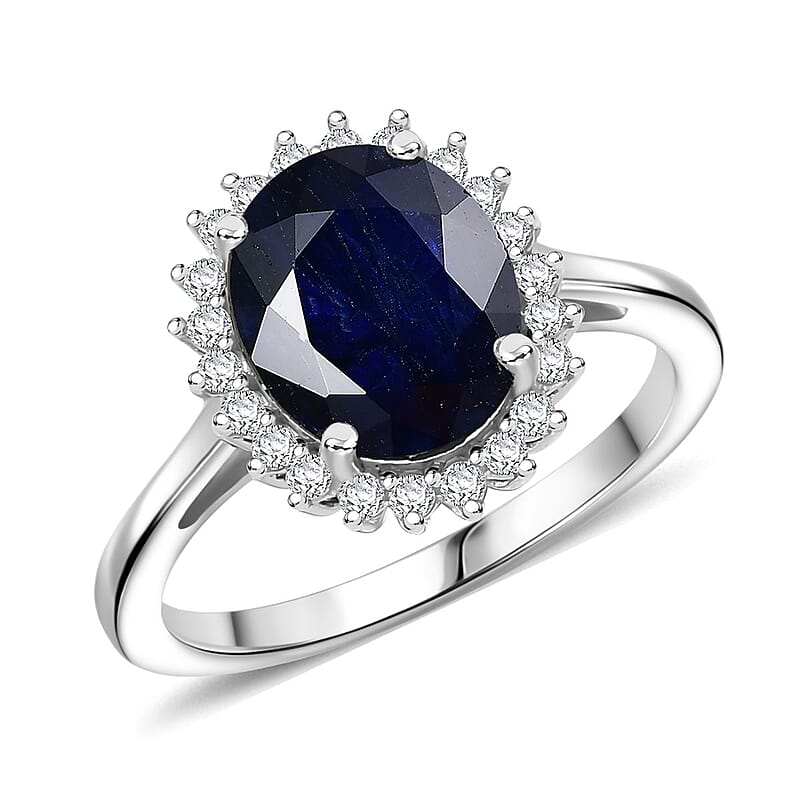 D'Joy Kanchanaburi Blue Sapphire and Moissanite 5.30 ctw Starlit Aura Ring in Rhodium Over Sterling Silver (Size 10.0)