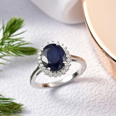 D'Joy Kanchanaburi Blue Sapphire and Moissanite 5.30 ctw Starlit Aura Ring in Rhodium Over Sterling Silver (Size 10.0)