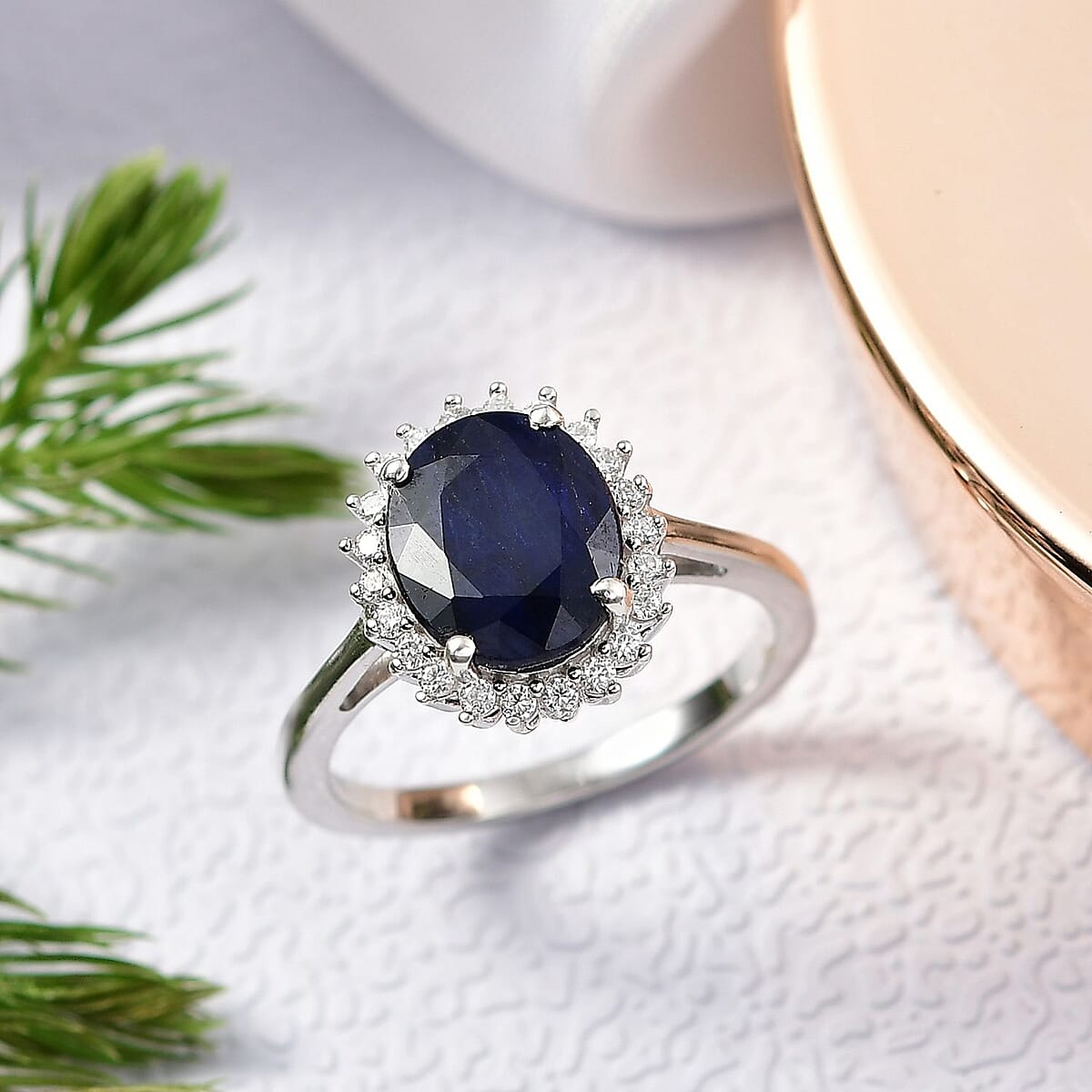 D'Joy Kanchanaburi Blue Sapphire (DF) and Moissanite 5.30 ctw Starlit Aura Ring in Rhodium Over Sterling Silver (Size 9.0) image number 1