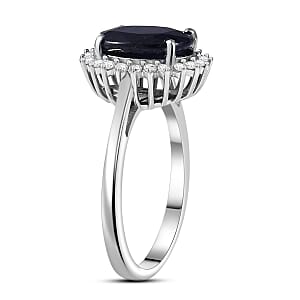 D'Joy Kanchanaburi Blue Sapphire (DF) and Moissanite 5.30 ctw Starlit Aura Ring in Rhodium Over Sterling Silver (Size 9.0)