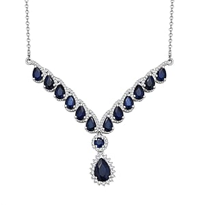 D'Joy Kanchanaburi Blue Sapphire (DF) and White Zircon 9.20 ctw Midnight Majesty Neckalce 18 Inches in Rhodium Over Sterling Silver