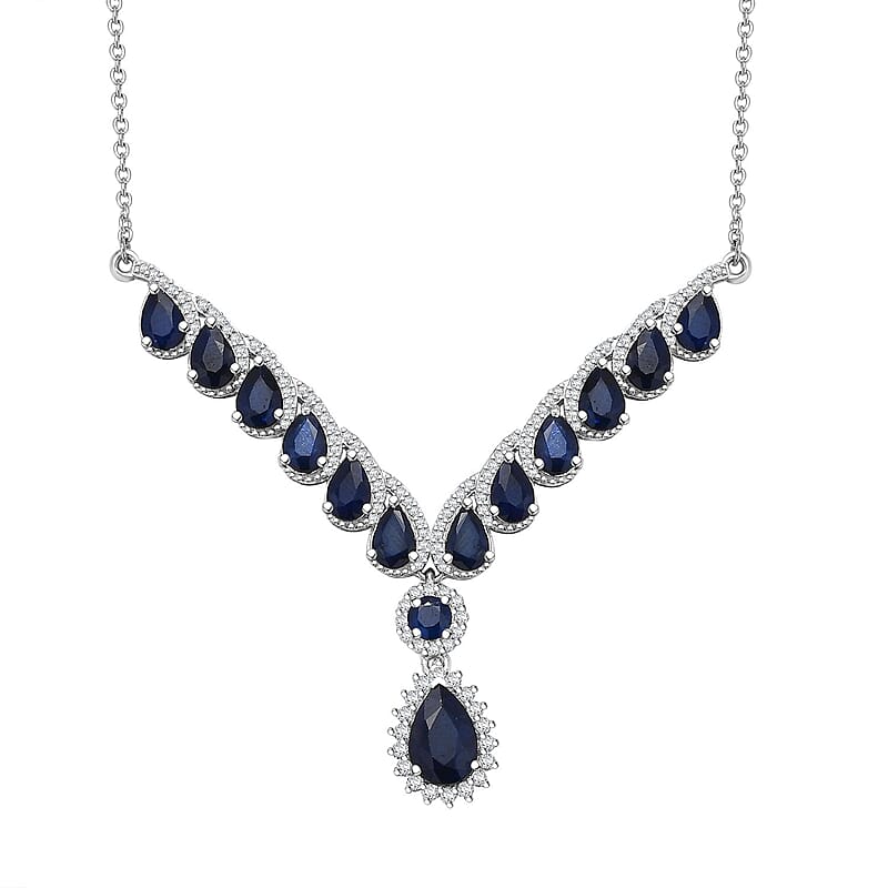 D'Joy Kanchanaburi Blue Sapphire, White Zircon Necklace in Rhodium Over Sterling Silver 9.20 ctw (18 Inches)