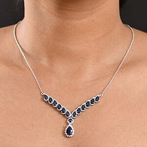 D'Joy Kanchanaburi Blue Sapphire, White Zircon Necklace in Rhodium Over Sterling Silver 9.20 ctw (18 Inches)