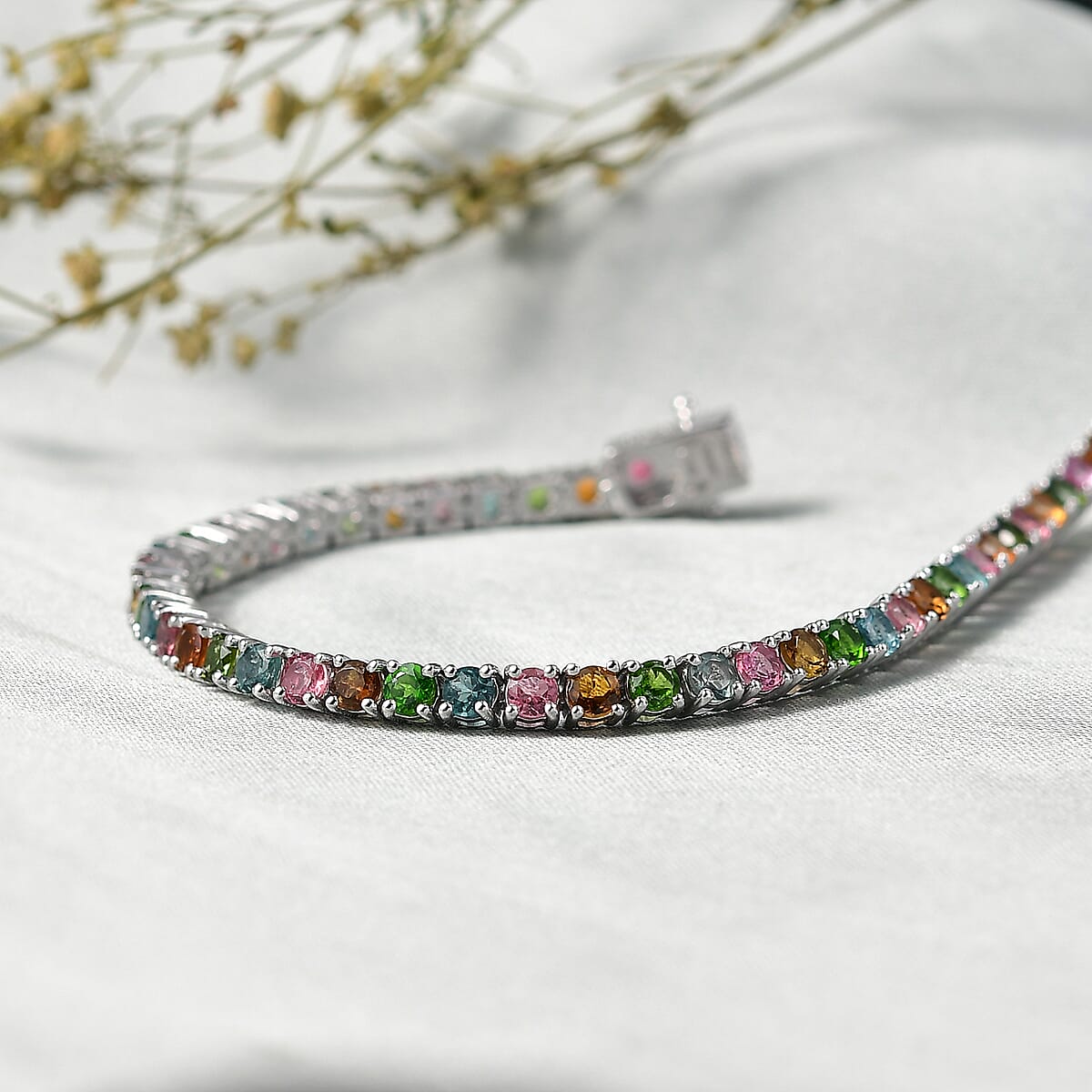 Doorbuster D'Joy Premium Multi-Tourmaline 6.25 ctw Rainbow Bracelet in Rhodium Over Sterling Silver (7.25 In) image number 1