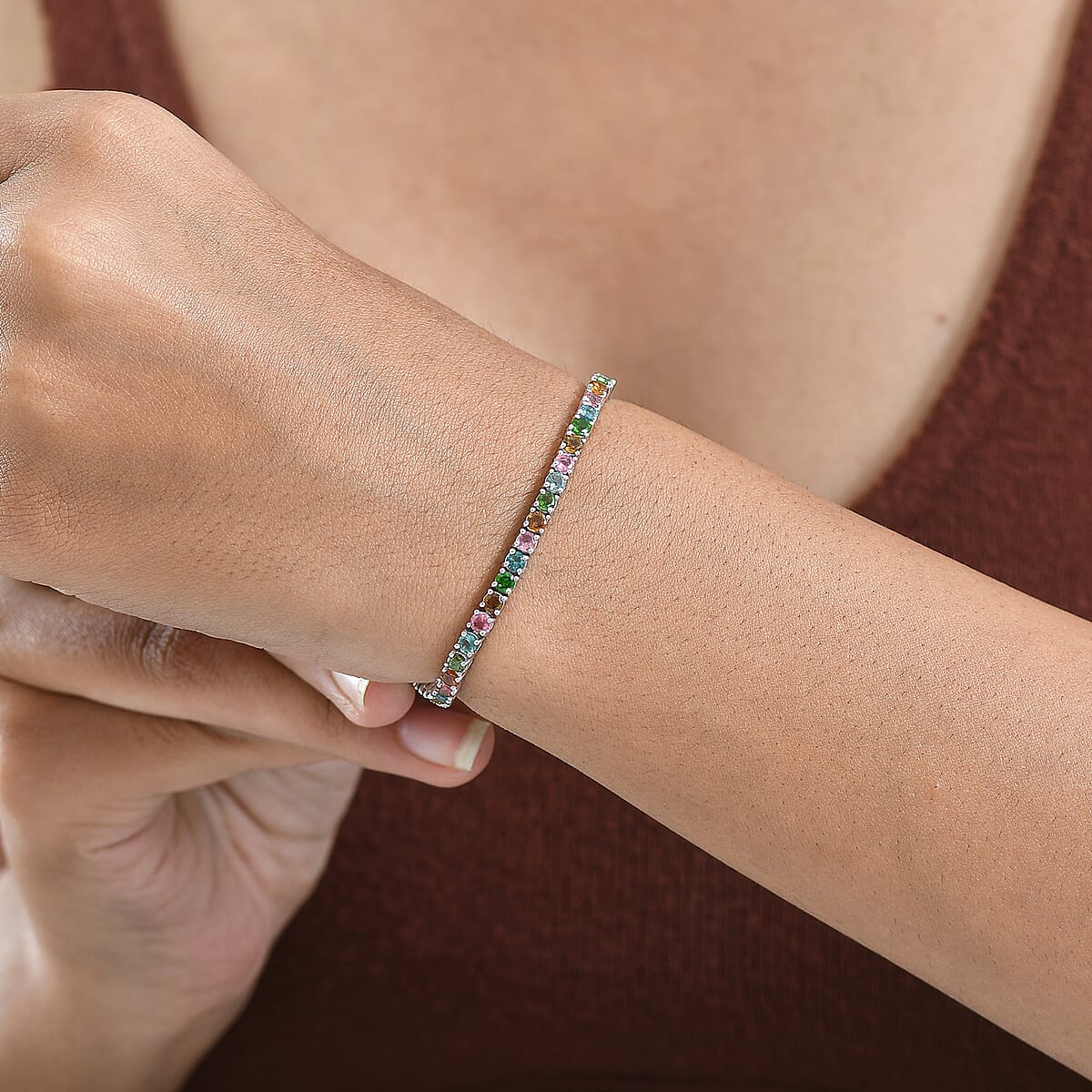 Doorbuster D'Joy Premium Multi-Tourmaline 6.25 ctw Rainbow Bracelet in Rhodium Over Sterling Silver (7.25 In) image number 2
