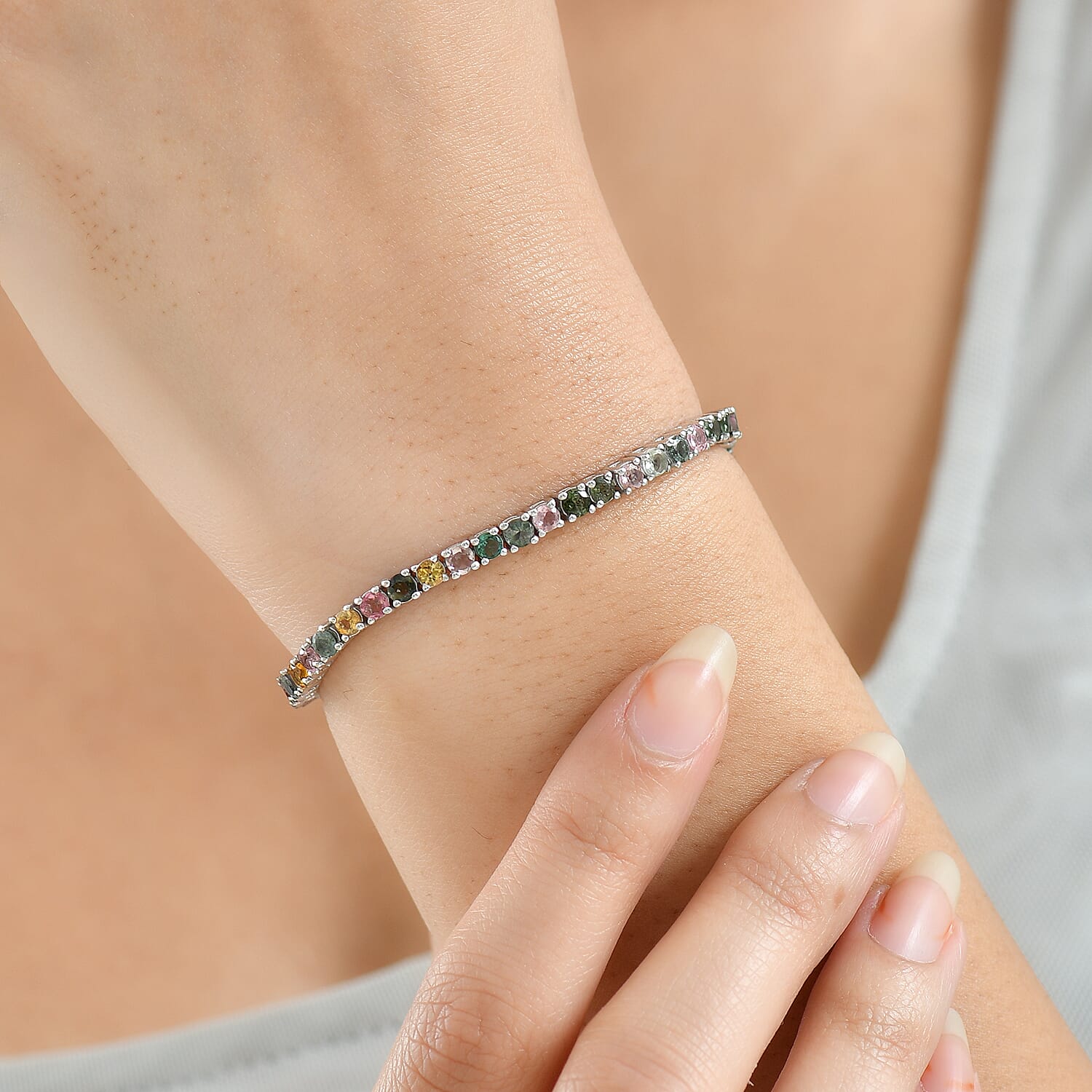 D'Joy Premium Multi-Tourmaline 7.00 ctw Rainbow Bracelet in Rhodium Over Sterling Silver (6.50 In)