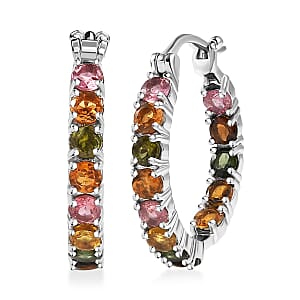 Doorbuster D'Joy Premium Multi-Tourmaline 3.10 ctw Rainbow Hoop Earrings in Rhodium Over Sterling Silver