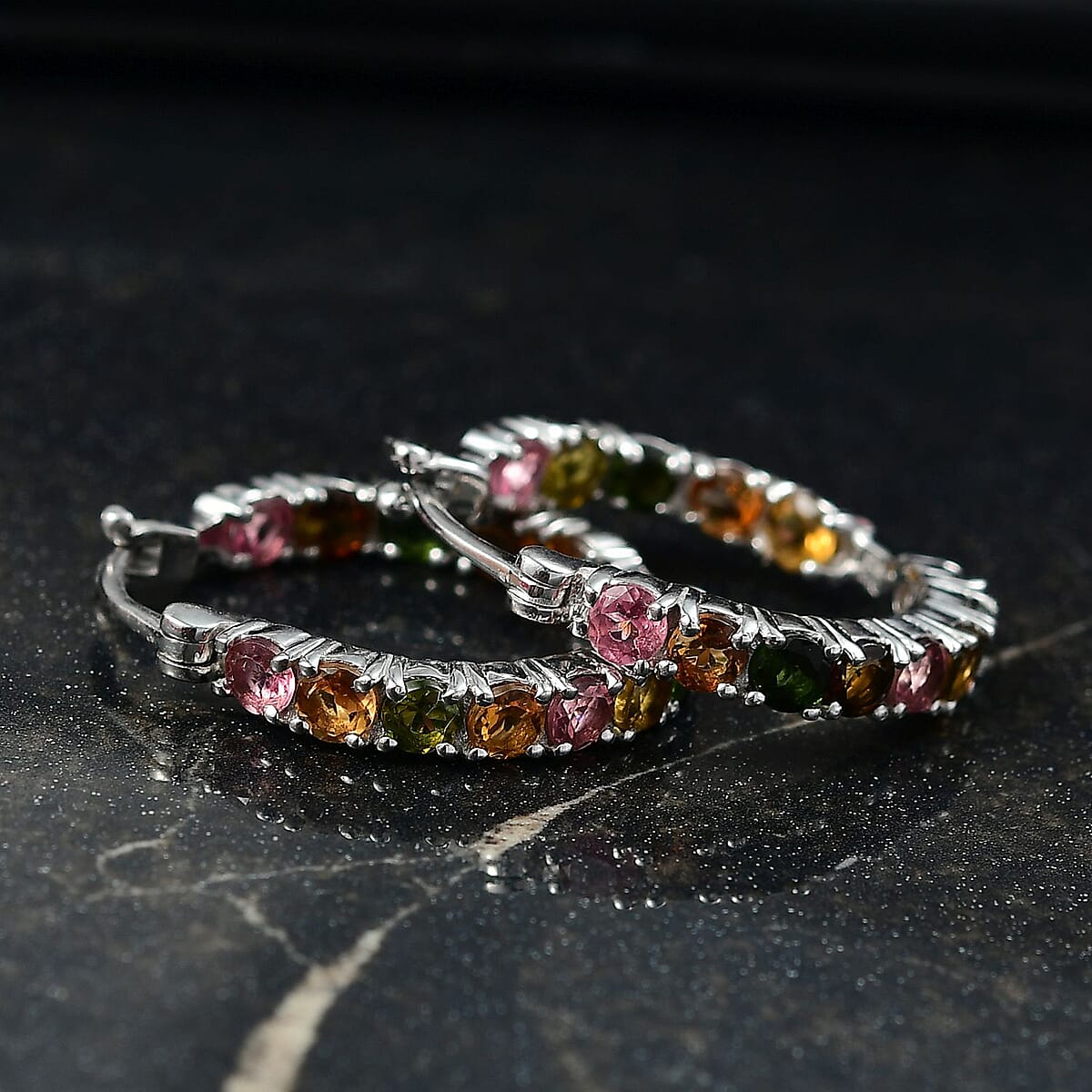 Doorbuster D'Joy Premium Multi-Tourmaline 3.10 ctw Rainbow Hoop Earrings in Rhodium Over Sterling Silver image number 1