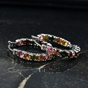 Doorbuster D'Joy Premium Multi-Tourmaline 3.10 ctw Rainbow Hoop Earrings in Rhodium Over Sterling Silver