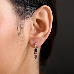 Doorbuster D'Joy Premium Multi-Tourmaline 3.10 ctw Rainbow Hoop Earrings in Rhodium Over Sterling Silver