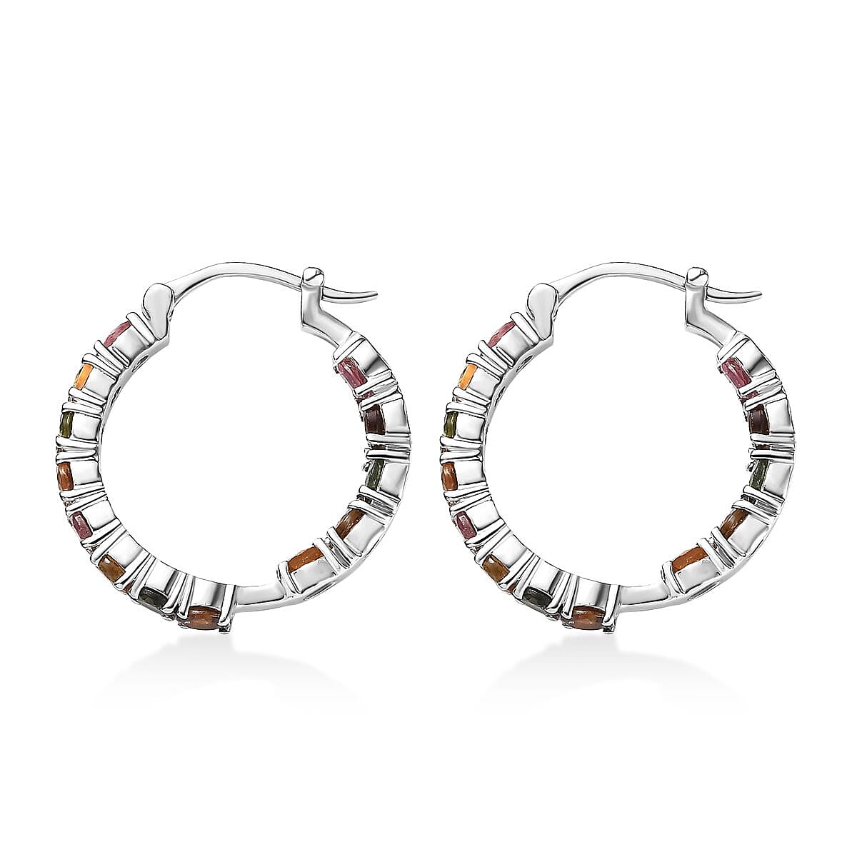 Doorbuster D'Joy Premium Multi-Tourmaline 3.10 ctw Rainbow Hoop Earrings in Rhodium Over Sterling Silver image number 3