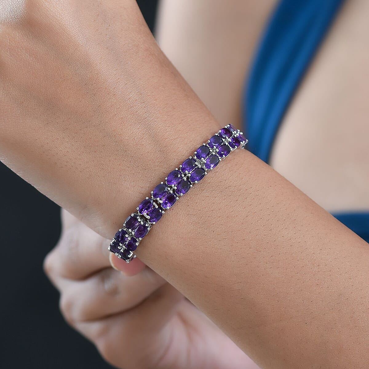 Doorbuster EverTrue African Amethyst 28.50 ctw Two Row Carpet Bracelet in Platinum Bond (7.25 In) image number 2