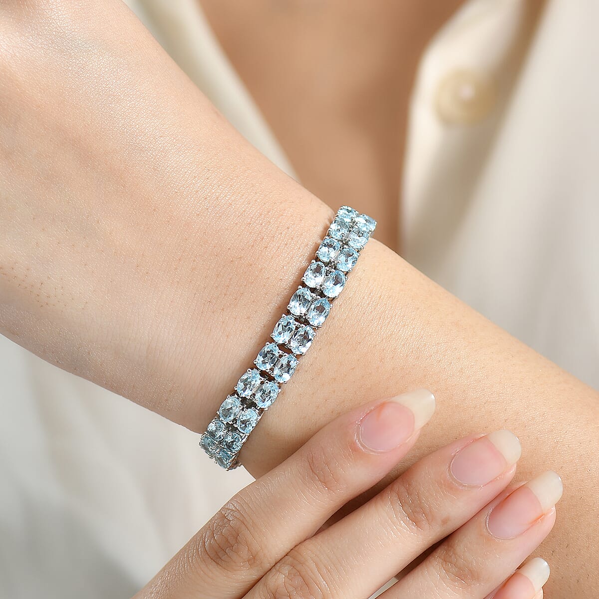 EverTrue Sky Blue Topaz 27.25 ctw Two Row Carpet Bracelet in Platinum Bond (6.50 In) image number 2