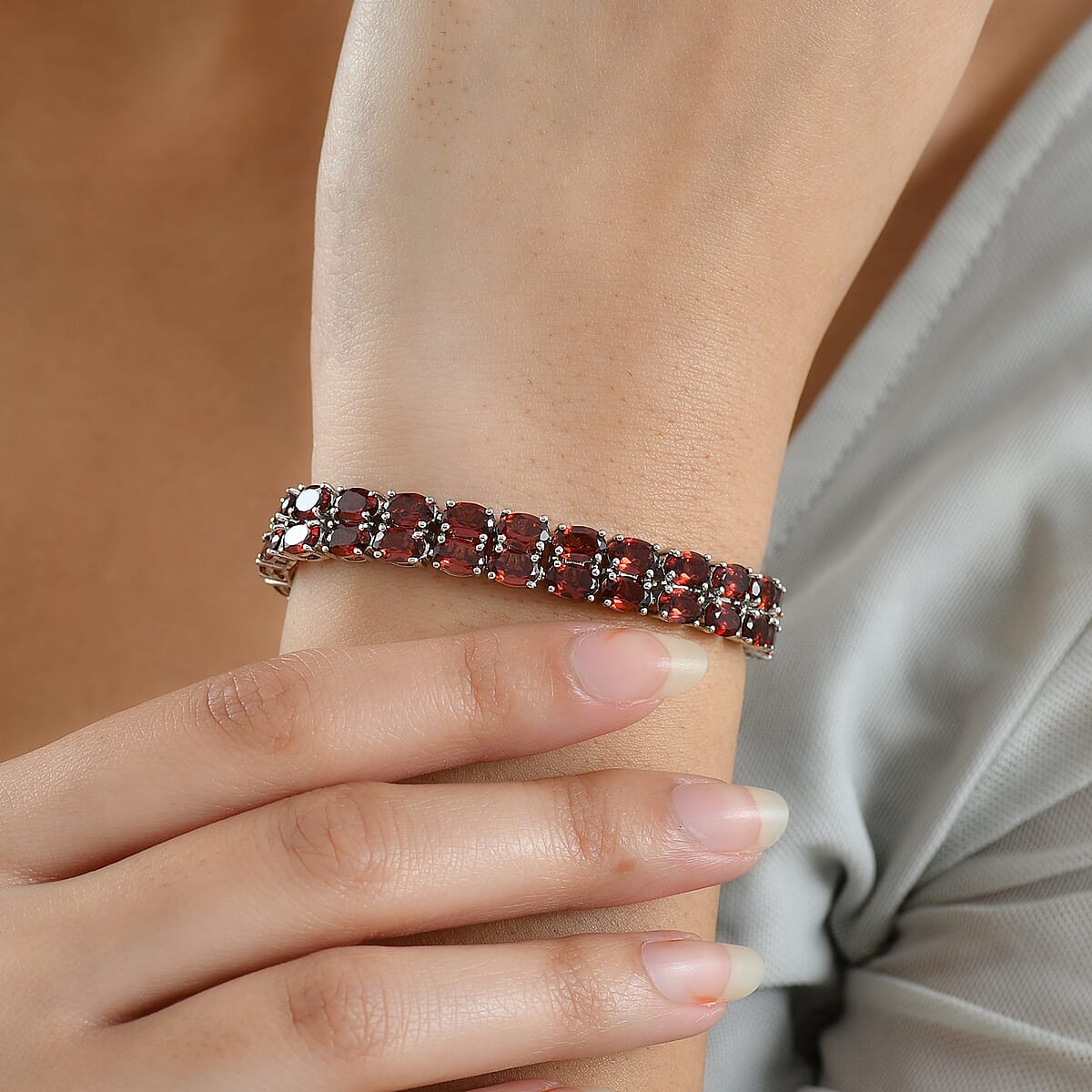 EverTrue Mozambique Garnet 30.50 ctw Two Row Carpet Bracelet in Platinum Bond (6.50 In) image number 2
