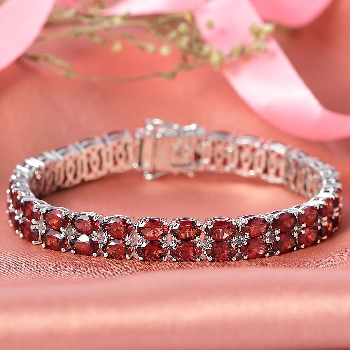Doorbuster EverTrue Mozambique Garnet 33.50 ctw Two Row Carpet Bracelet in Platinum Bond (7.25 In) image number 1