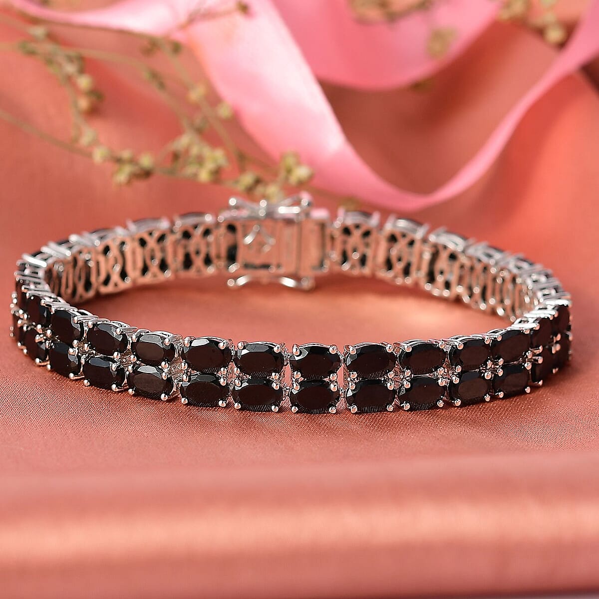 Doorbuster EverTrue Thai Black Spinel 28.00 ctw Two Row Carpet Bracelet in Platinum Bond (7.25 In) image number 1
