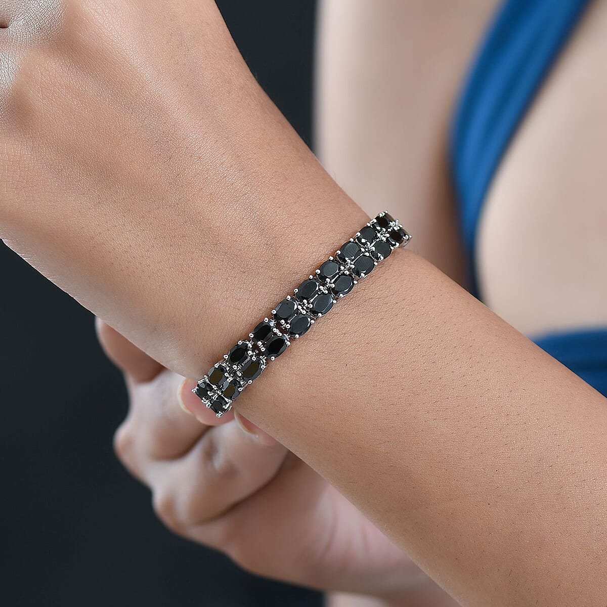 Doorbuster EverTrue Thai Black Spinel 28.00 ctw Two Row Carpet Bracelet in Platinum Bond (7.25 In) image number 2